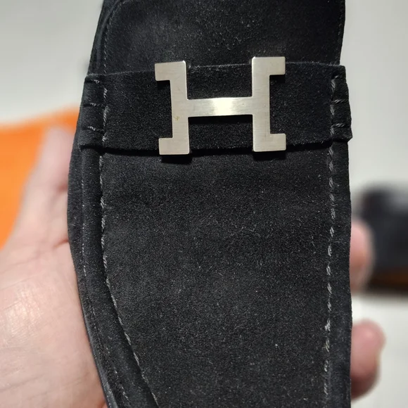Hermes Black Suede Loafers with Silver Accent